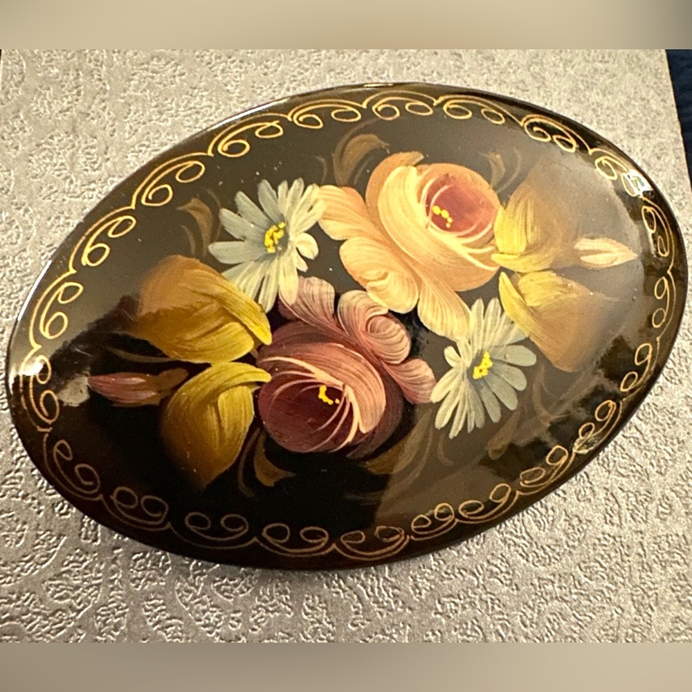 Vintage Russian Lacquer Palekh Artist HandPainted Brooch Pin Signed Russia OOAK